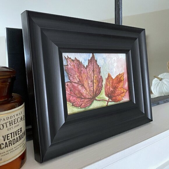 Other - Framed Original Watercolor - Black Frame - Fall Autumn Leaves Colorful